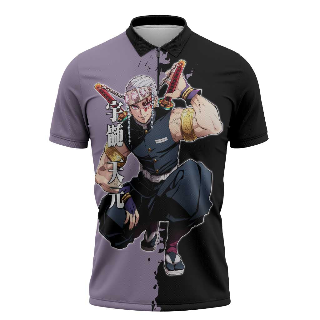 Tengen Uzui from Demon Slayer Zipper Polo Shirt with Purple and Black Split Design and Dual Sword Manga Panel Layout - The Mazicc