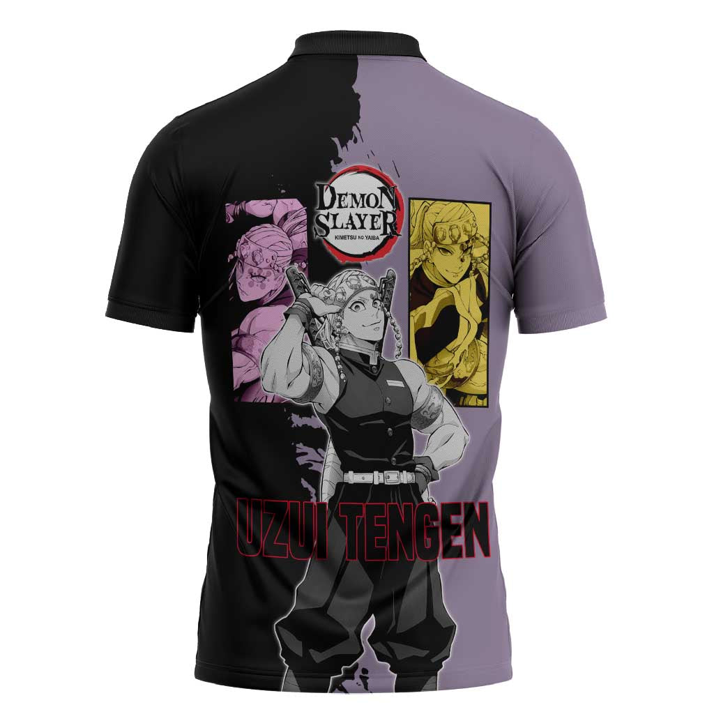Tengen Uzui from Demon Slayer Zipper Polo Shirt with Purple and Black Split Design and Dual Sword Manga Panel Layout - The Mazicc