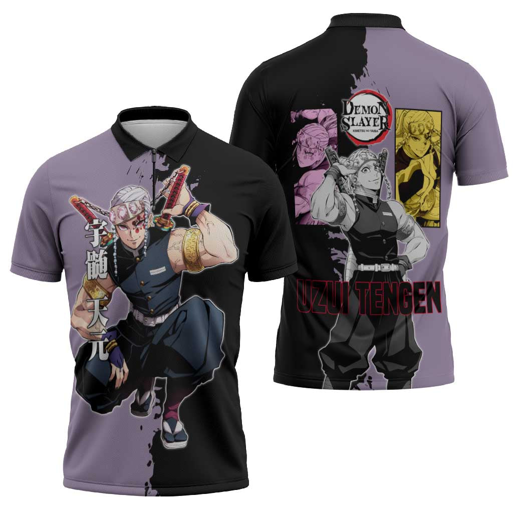 Tengen Uzui from Demon Slayer Zipper Polo Shirt with Purple and Black Split Design and Dual Sword Manga Panel Layout - The Mazicc