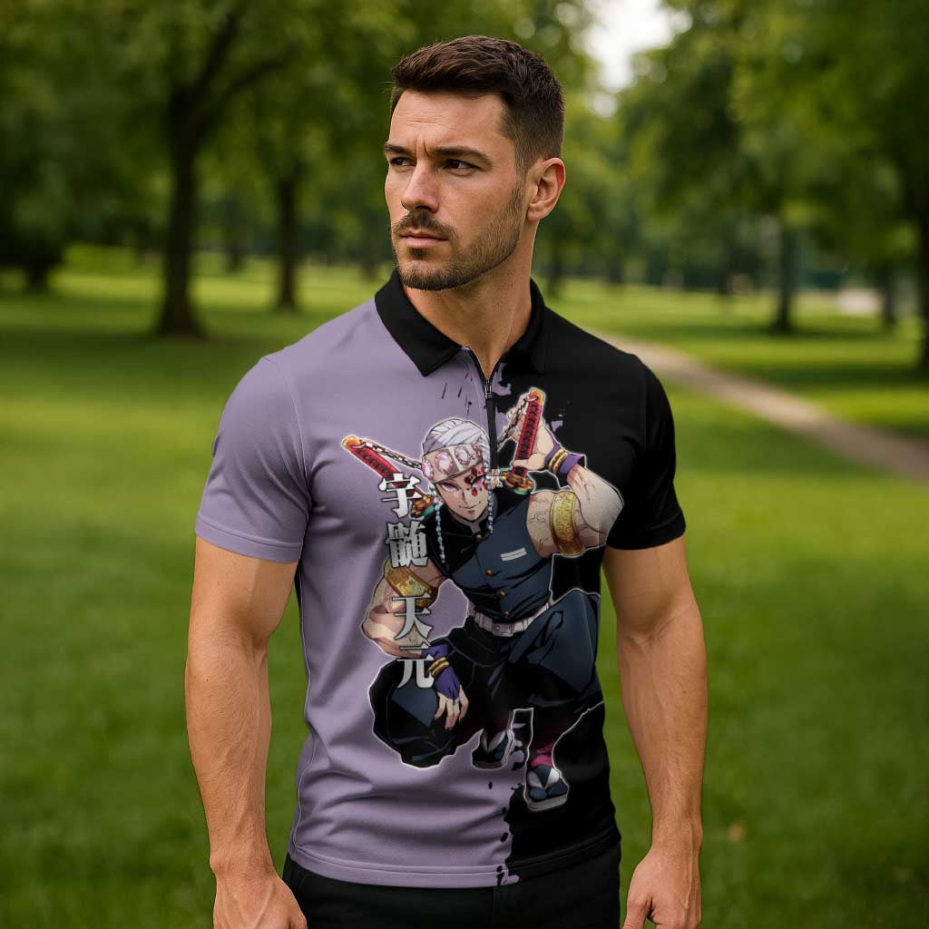Tengen Uzui from Demon Slayer Zipper Polo Shirt with Purple and Black Split Design and Dual Sword Manga Panel Layout - The Mazicc