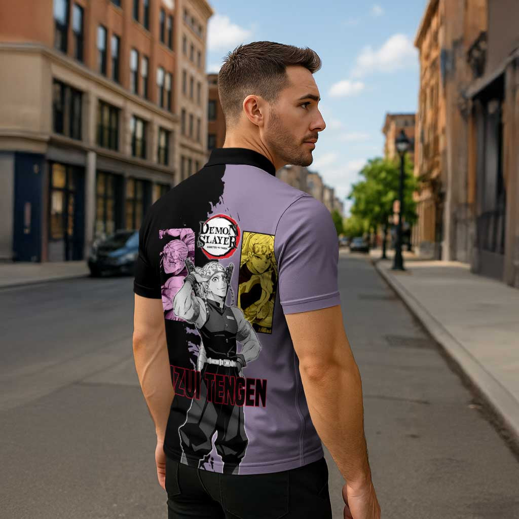 Tengen Uzui from Demon Slayer Zipper Polo Shirt with Purple and Black Split Design and Dual Sword Manga Panel Layout - The Mazicc