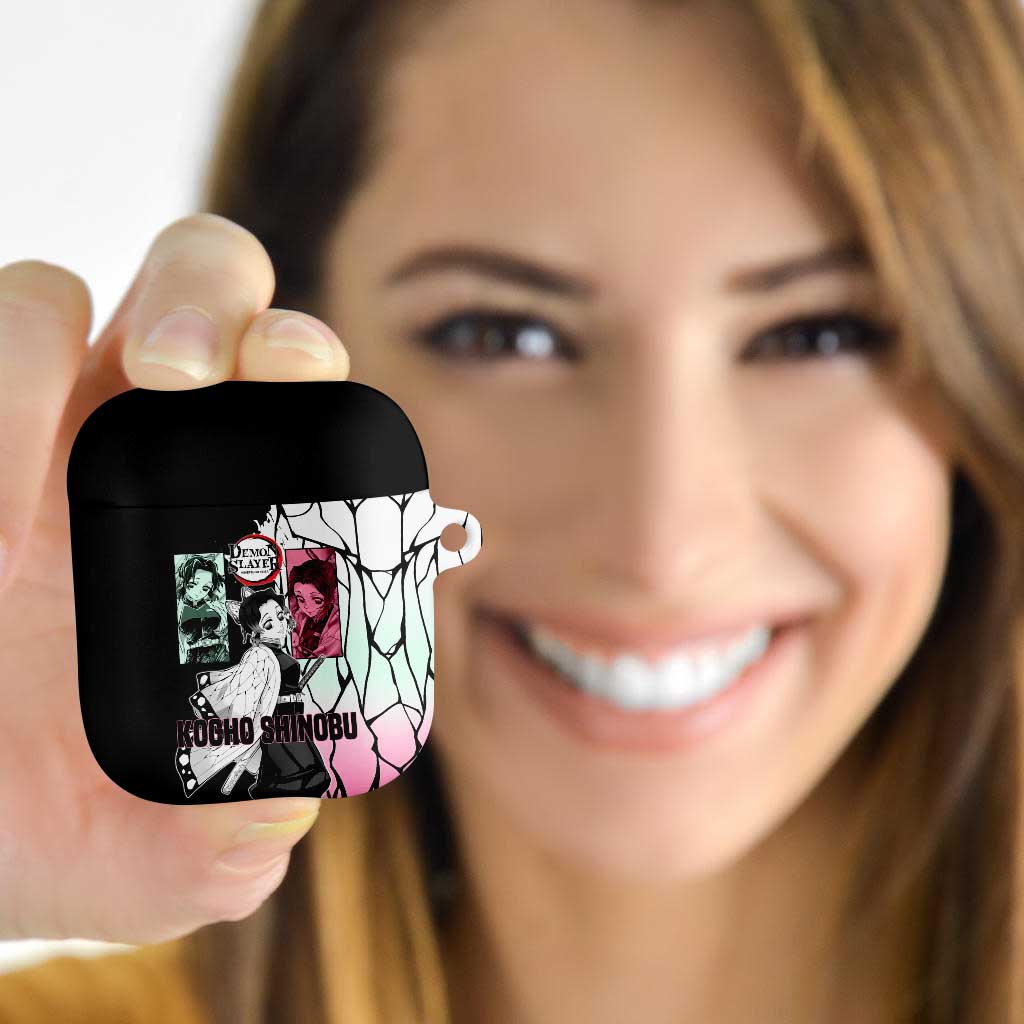 Shinobu Kocho from Demon Slayer AirPods Case with Black and White Wing Pattern and Pastel Manga Panel Design - The Mazicc