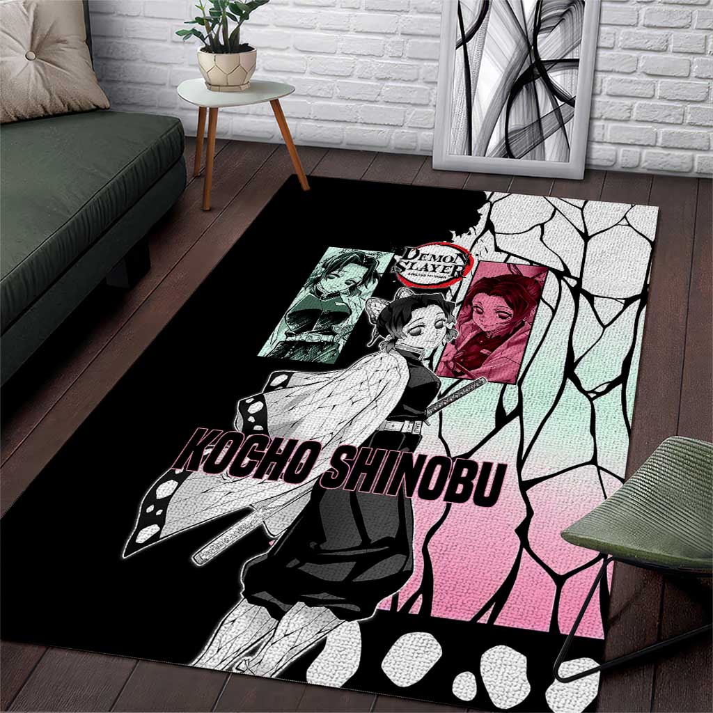 Shinobu Kocho from Demon Slayer Area Rug with Black and White Wing Pattern and Pastel Manga Panel Design - The Mazicc