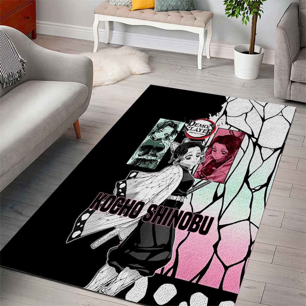 Shinobu Kocho from Demon Slayer Area Rug with Black and White Wing Pattern and Pastel Manga Panel Design - The Mazicc