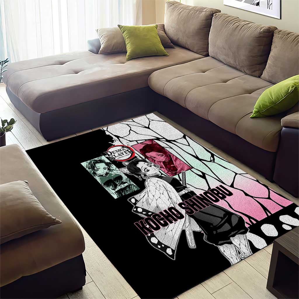 Shinobu Kocho from Demon Slayer Area Rug with Black and White Wing Pattern and Pastel Manga Panel Design - The Mazicc