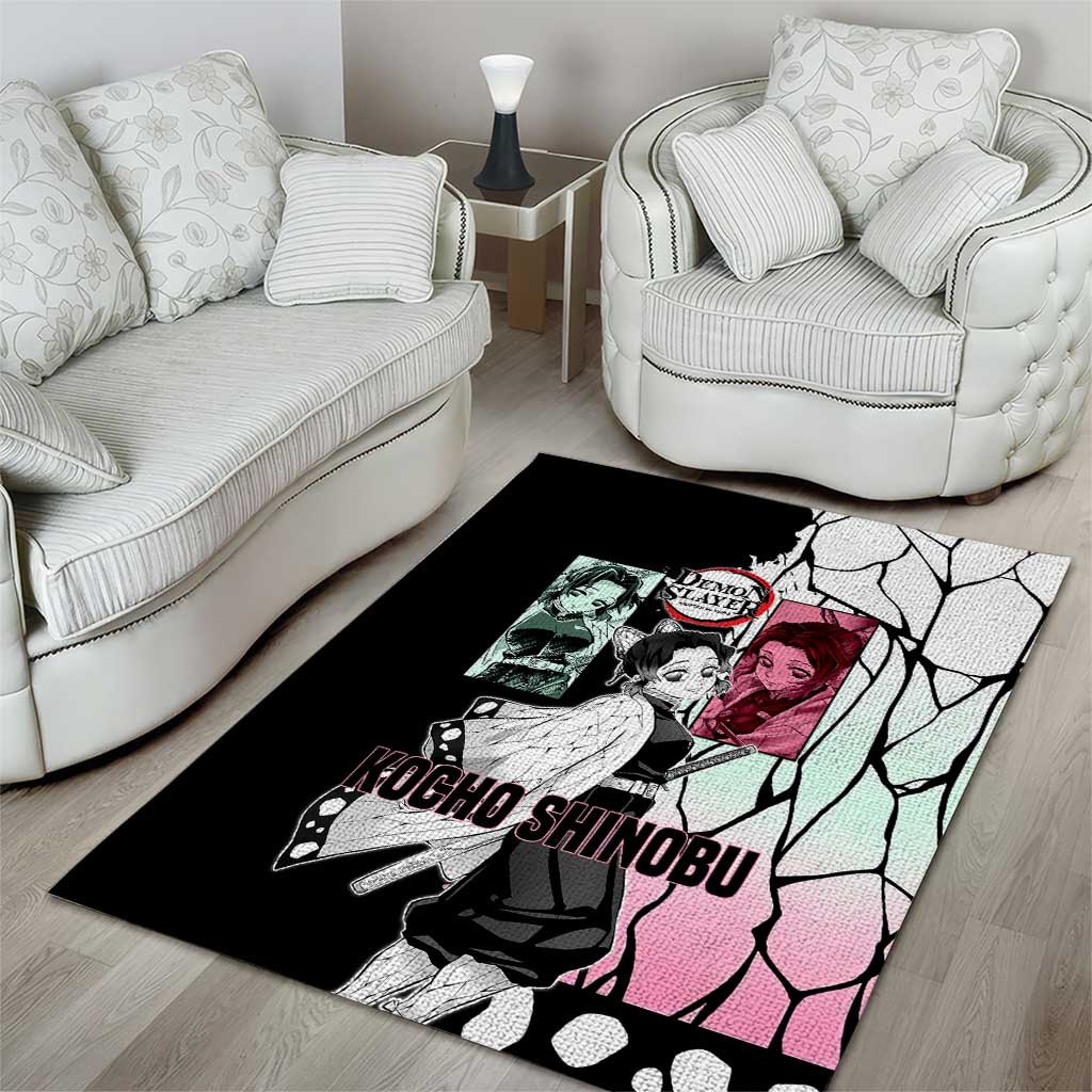 Shinobu Kocho from Demon Slayer Area Rug with Black and White Wing Pattern and Pastel Manga Panel Design - The Mazicc