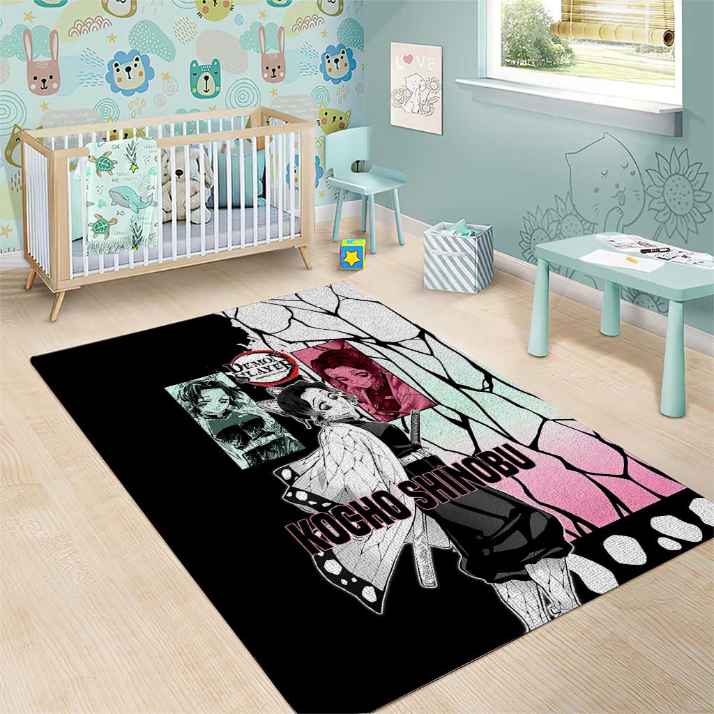 Shinobu Kocho from Demon Slayer Area Rug with Black and White Wing Pattern and Pastel Manga Panel Design - The Mazicc