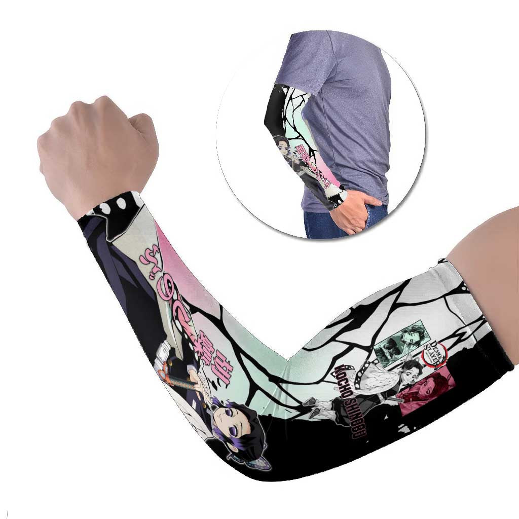 Shinobu Kocho from Demon Slayer Arm Sleeves with Black and White Wing Pattern and Pastel Manga Panel Design - The Mazicc