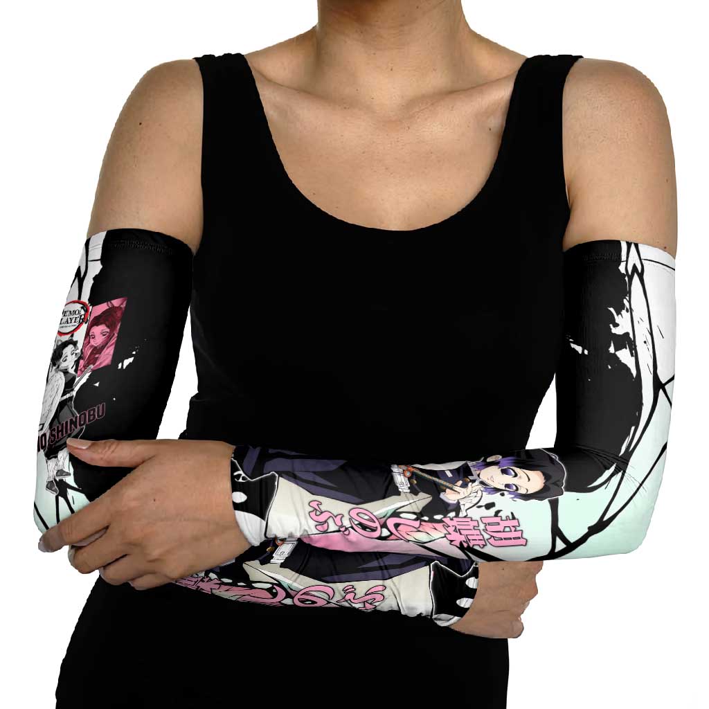 Shinobu Kocho from Demon Slayer Arm Sleeves with Black and White Wing Pattern and Pastel Manga Panel Design - The Mazicc