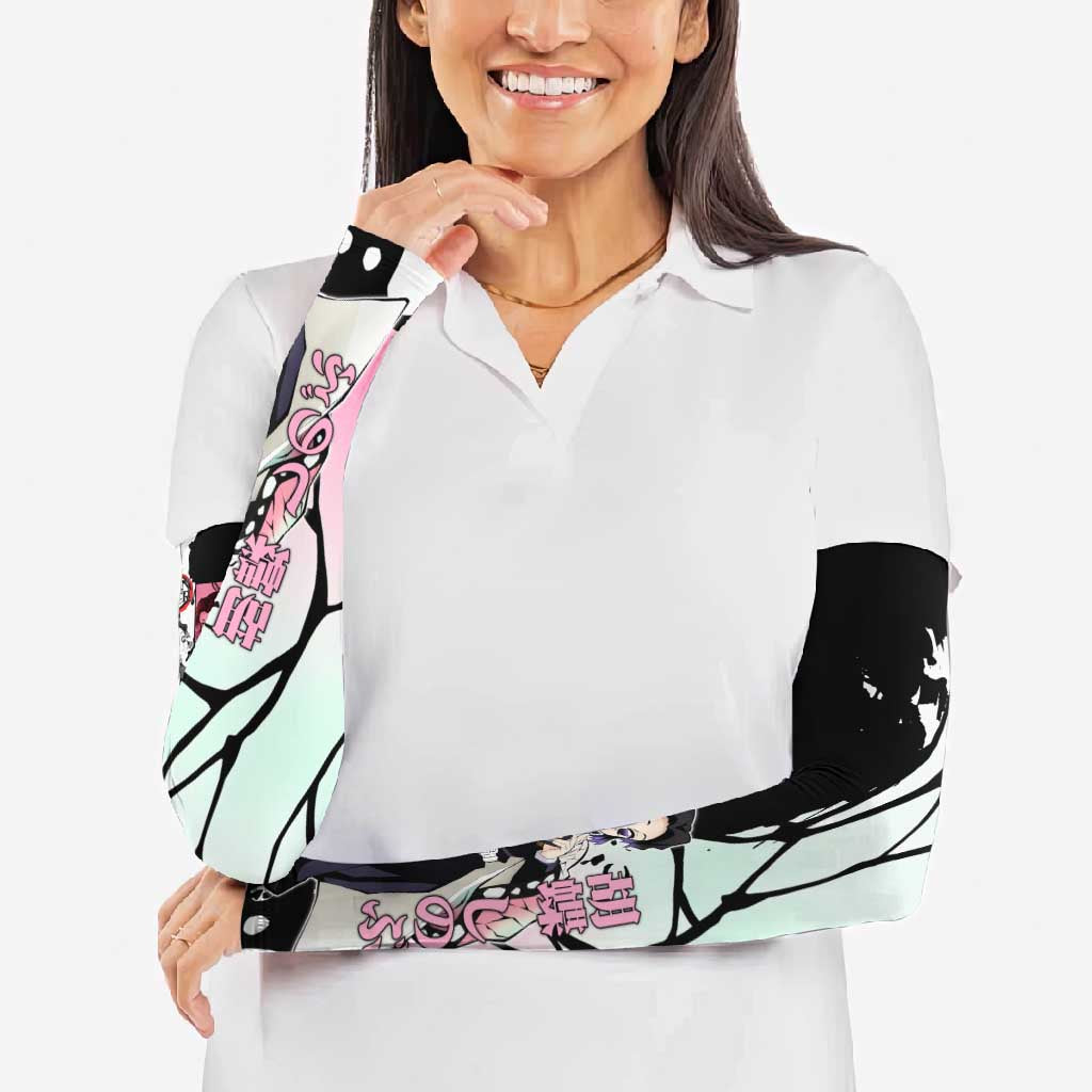 Shinobu Kocho from Demon Slayer Arm Sleeves with Black and White Wing Pattern and Pastel Manga Panel Design - The Mazicc