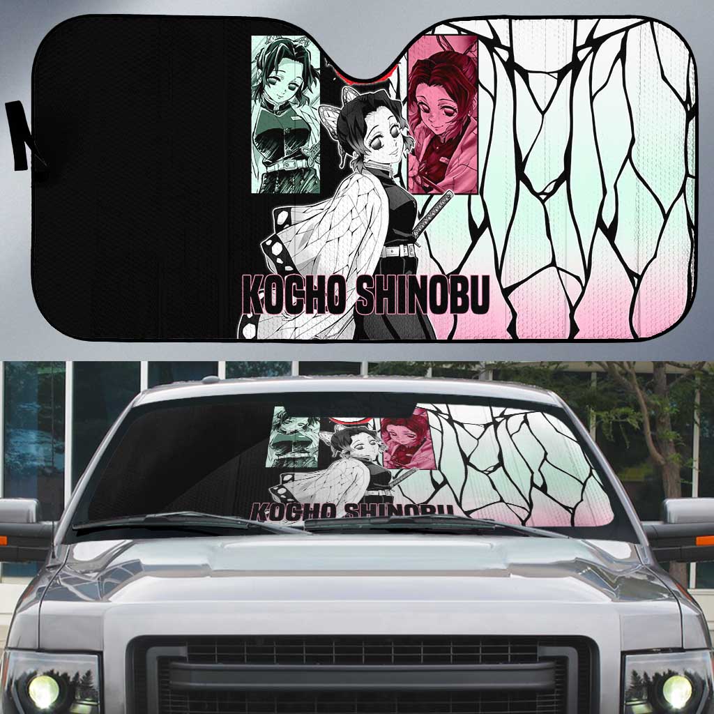 Shinobu Kocho from Demon Slayer Auto Sun Shade with Black and White Wing Pattern and Pastel Manga Panel Design - The Mazicc
