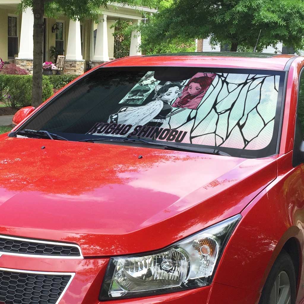 Shinobu Kocho from Demon Slayer Auto Sun Shade with Black and White Wing Pattern and Pastel Manga Panel Design - The Mazicc