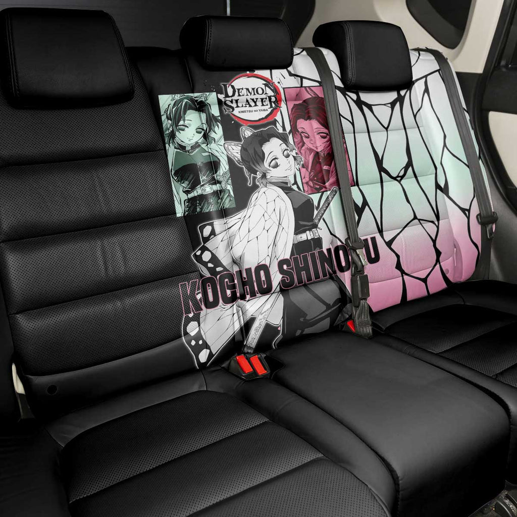Shinobu Kocho from Demon Slayer Back Car Seat Cover with Black and White Wing Pattern and Pastel Manga Panel Design - The Mazicc
