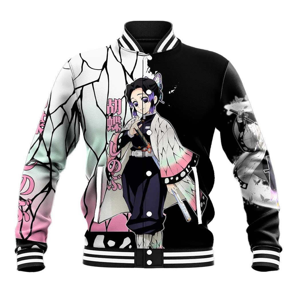 Shinobu Kocho from Demon Slayer Baseball Jacket with Black and White Wing Pattern and Pastel Manga Panel Design - The Mazicc