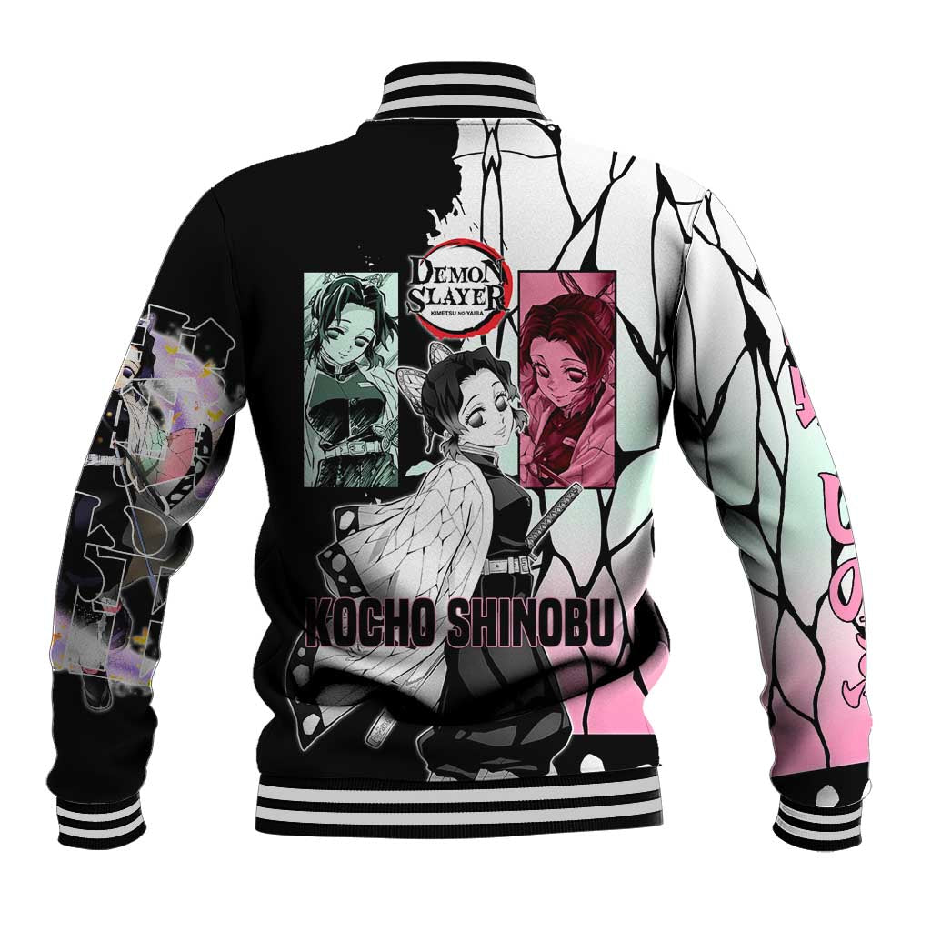 Shinobu Kocho from Demon Slayer Baseball Jacket with Black and White Wing Pattern and Pastel Manga Panel Design - The Mazicc