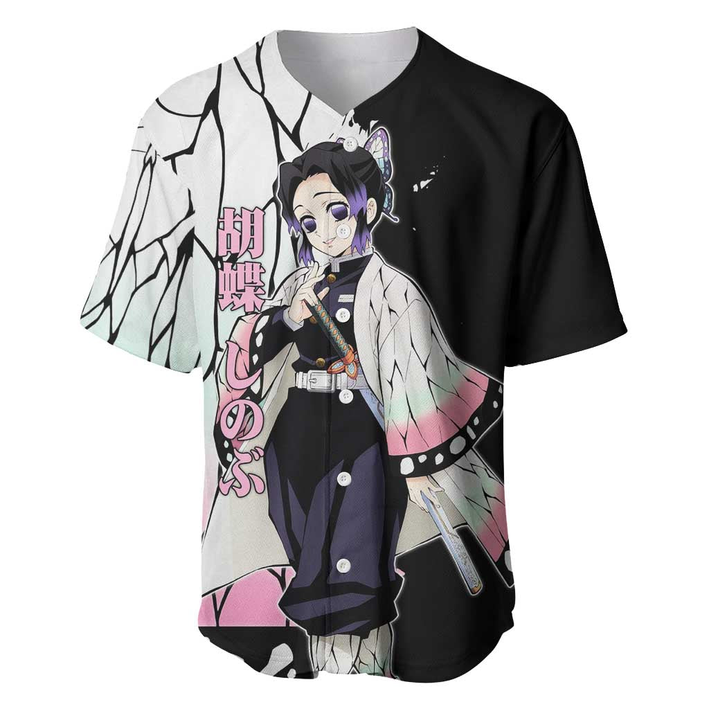 Shinobu Kocho from Demon Slayer Baseball Jersey with Black and White Wing Pattern and Pastel Manga Panel Design - The Mazicc