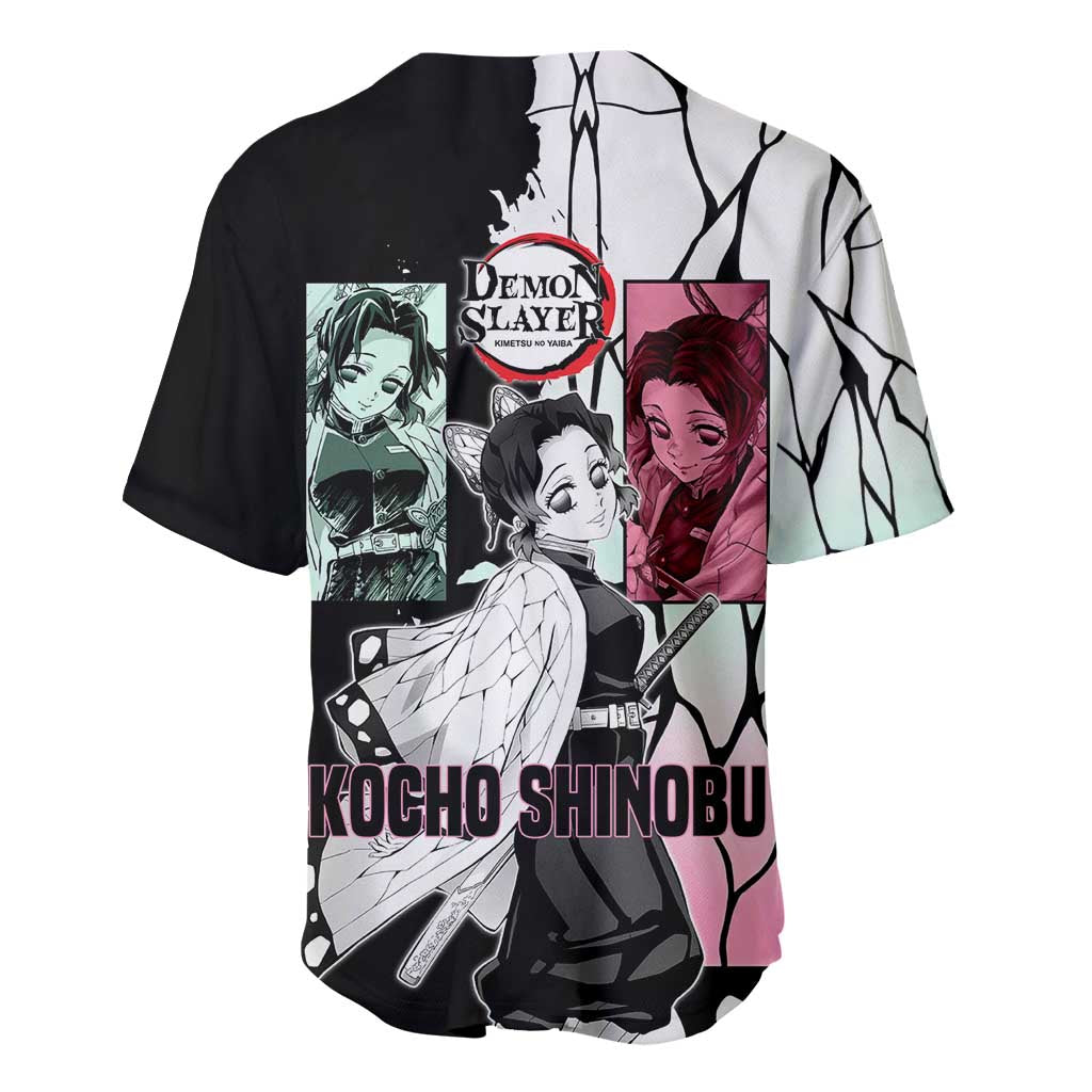 Shinobu Kocho from Demon Slayer Baseball Jersey with Black and White Wing Pattern and Pastel Manga Panel Design - The Mazicc