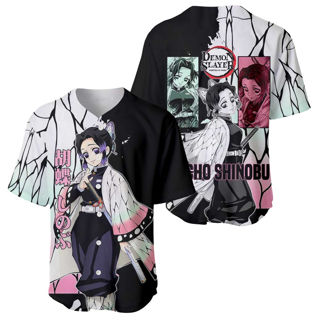 Shinobu Kocho from Demon Slayer Baseball Jersey with Black and White Wing Pattern and Pastel Manga Panel Design - The Mazicc