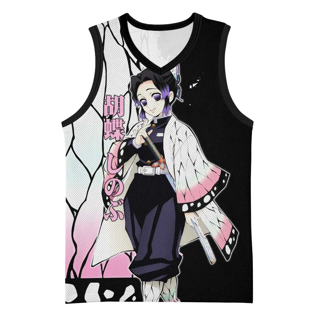 Shinobu Kocho from Demon Slayer Basketball Jersey with Black and White Wing Pattern and Pastel Manga Panel Design - The Mazicc