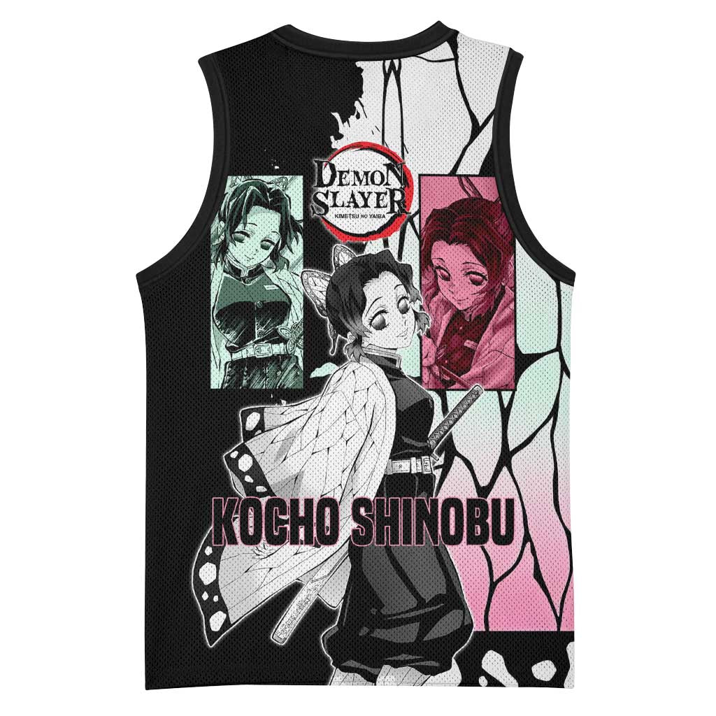Shinobu Kocho from Demon Slayer Basketball Jersey with Black and White Wing Pattern and Pastel Manga Panel Design - The Mazicc