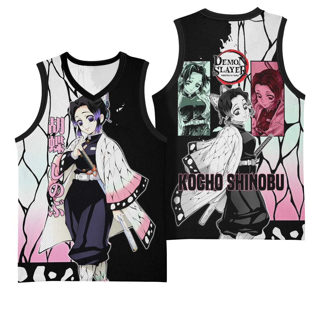 Shinobu Kocho from Demon Slayer Basketball Jersey with Black and White Wing Pattern and Pastel Manga Panel Design - The Mazicc