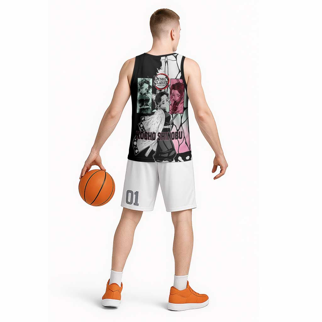 Shinobu Kocho from Demon Slayer Basketball Jersey with Black and White Wing Pattern and Pastel Manga Panel Design - The Mazicc