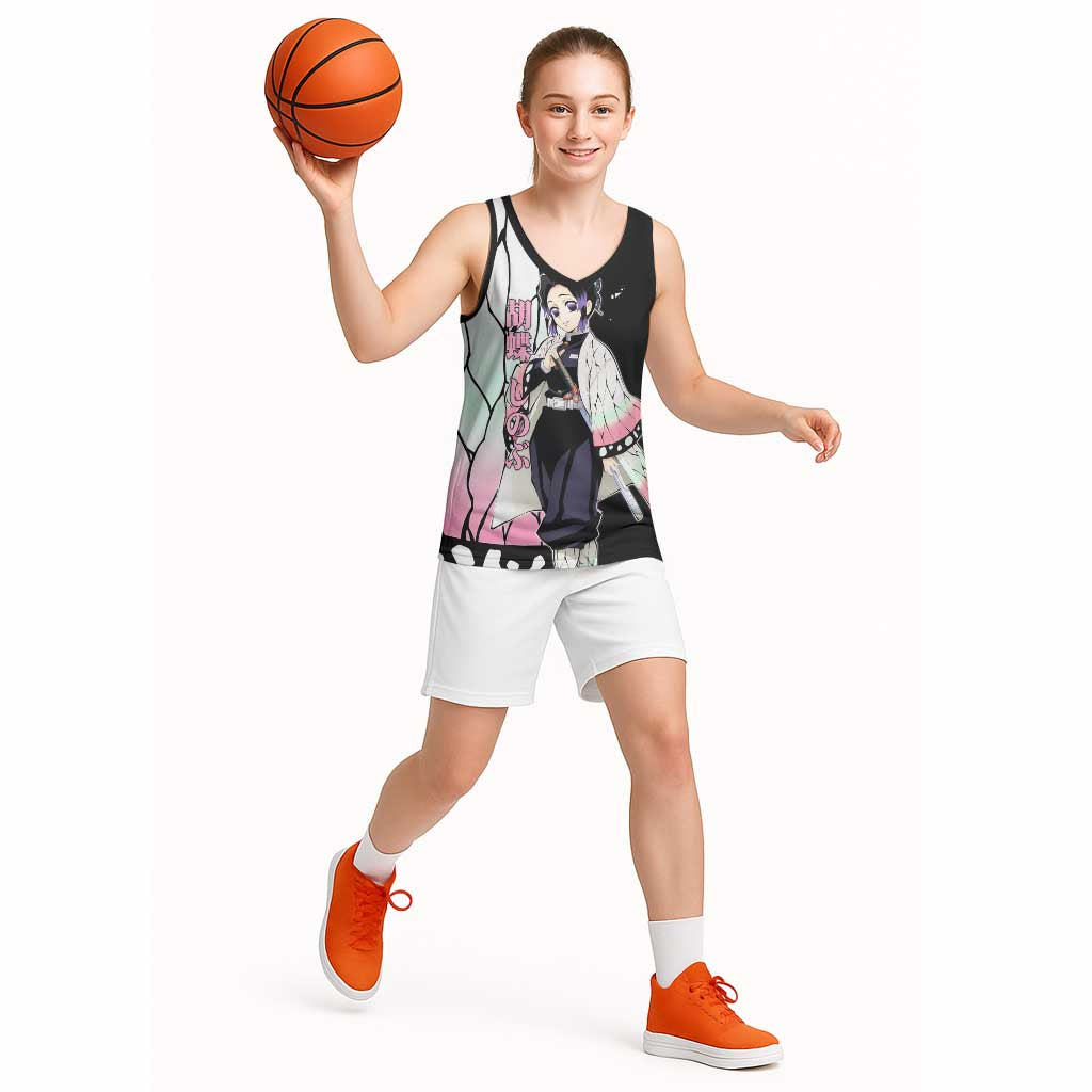 Shinobu Kocho from Demon Slayer Basketball Jersey with Black and White Wing Pattern and Pastel Manga Panel Design - The Mazicc