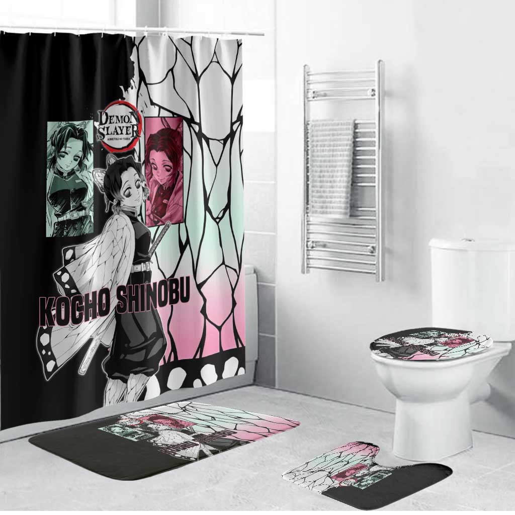 Shinobu Kocho from Demon Slayer Bathroom Set with Black and White Wing Pattern and Pastel Manga Panel Design - The Mazicc