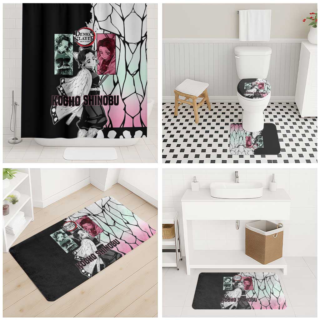 Shinobu Kocho from Demon Slayer Bathroom Set with Black and White Wing Pattern and Pastel Manga Panel Design - The Mazicc