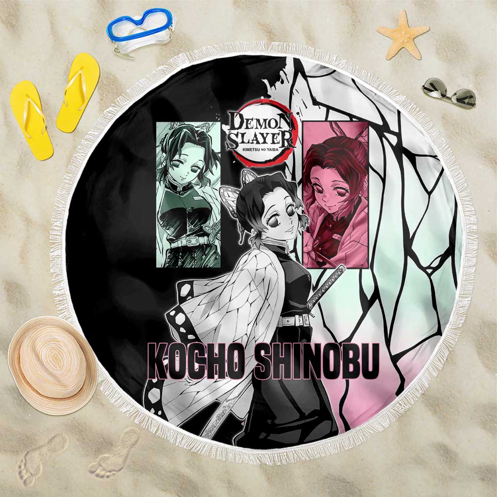 Shinobu Kocho from Demon Slayer Beach Blanket with Black and White Wing Pattern and Pastel Manga Panel Design - The Mazicc