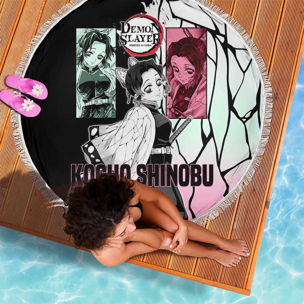 Shinobu Kocho from Demon Slayer Beach Blanket with Black and White Wing Pattern and Pastel Manga Panel Design - The Mazicc