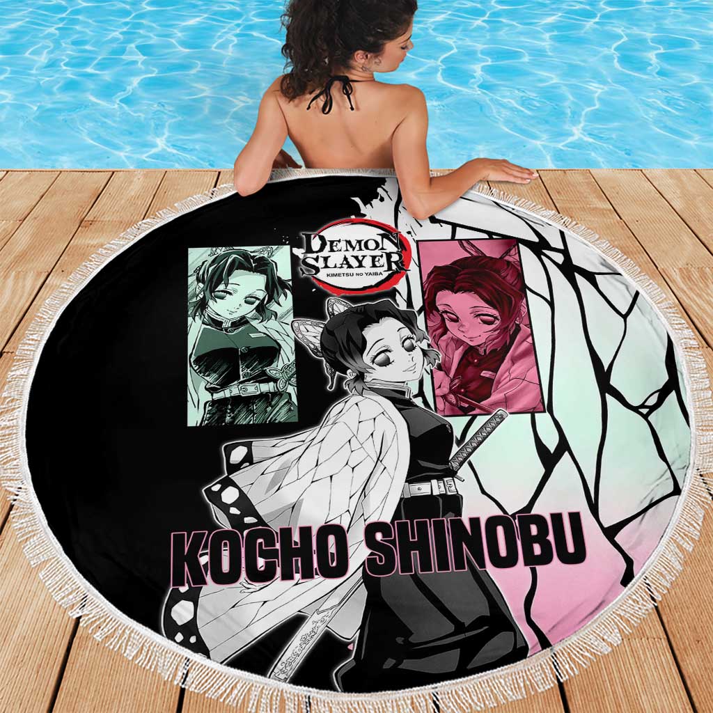 Shinobu Kocho from Demon Slayer Beach Blanket with Black and White Wing Pattern and Pastel Manga Panel Design - The Mazicc