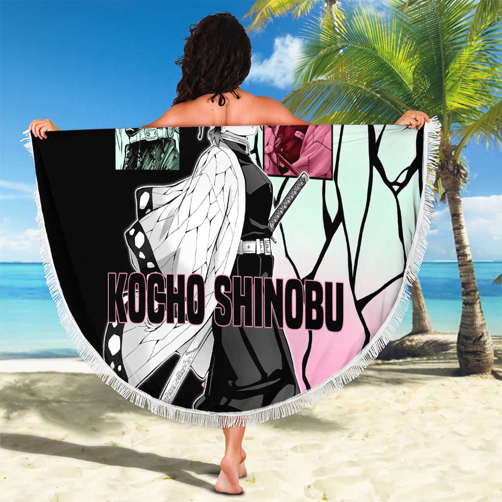Shinobu Kocho from Demon Slayer Beach Blanket with Black and White Wing Pattern and Pastel Manga Panel Design - The Mazicc