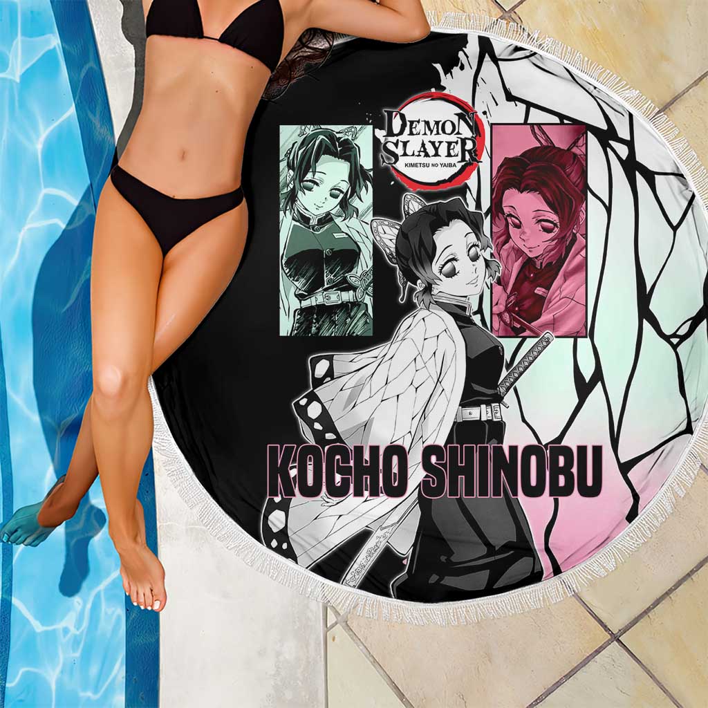Shinobu Kocho from Demon Slayer Beach Blanket with Black and White Wing Pattern and Pastel Manga Panel Design - The Mazicc