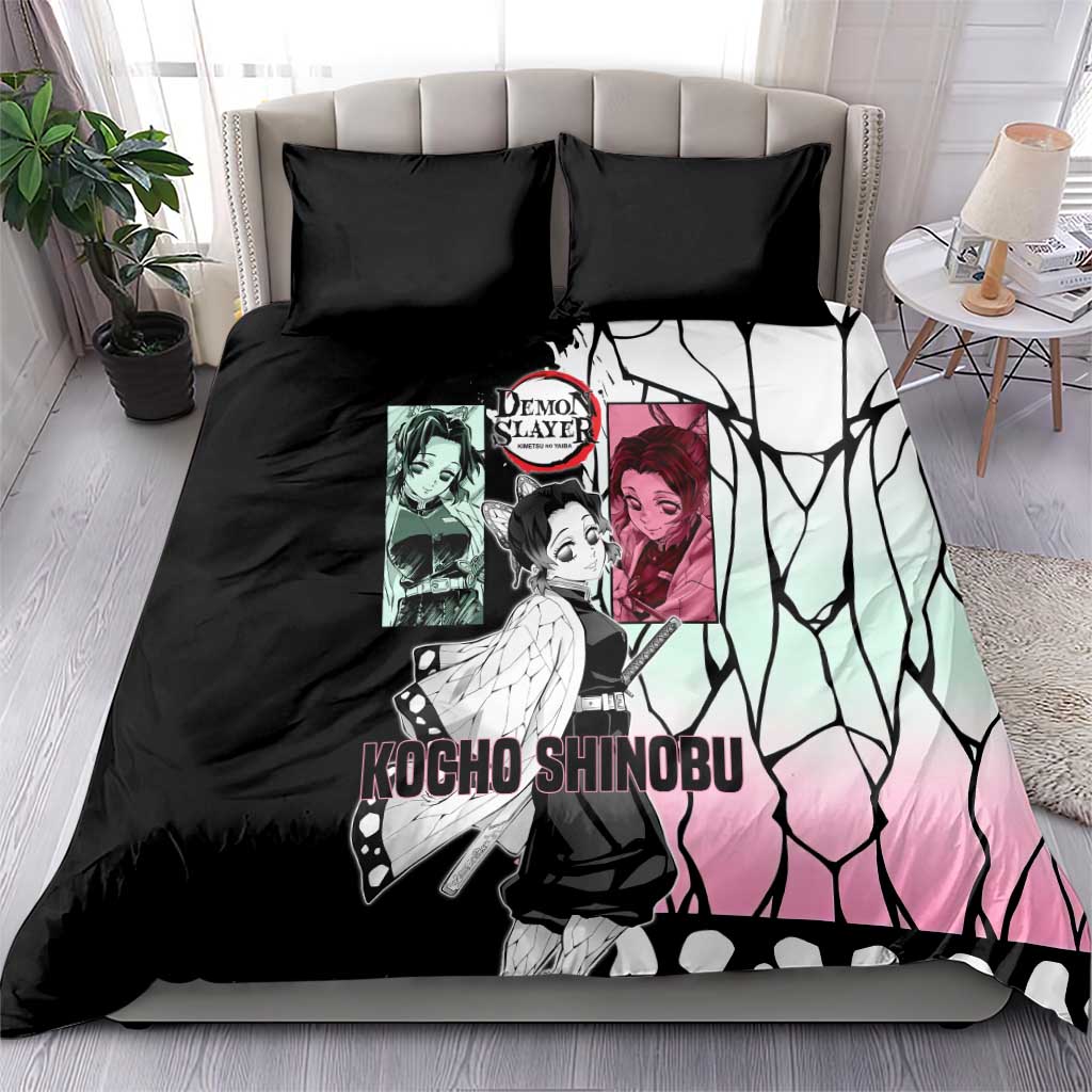 Shinobu Kocho from Demon Slayer Bedding Set with Black and White Wing Pattern and Pastel Manga Panel Design - The Mazicc
