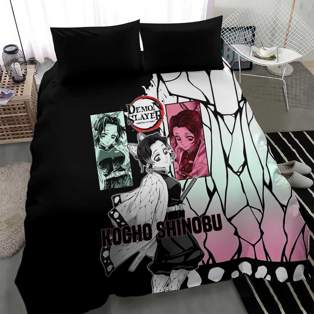 Shinobu Kocho from Demon Slayer Bedding Set with Black and White Wing Pattern and Pastel Manga Panel Design - The Mazicc