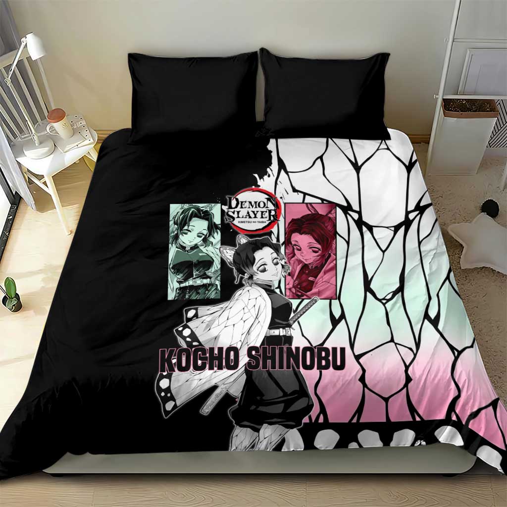 Shinobu Kocho from Demon Slayer Bedding Set with Black and White Wing Pattern and Pastel Manga Panel Design - The Mazicc