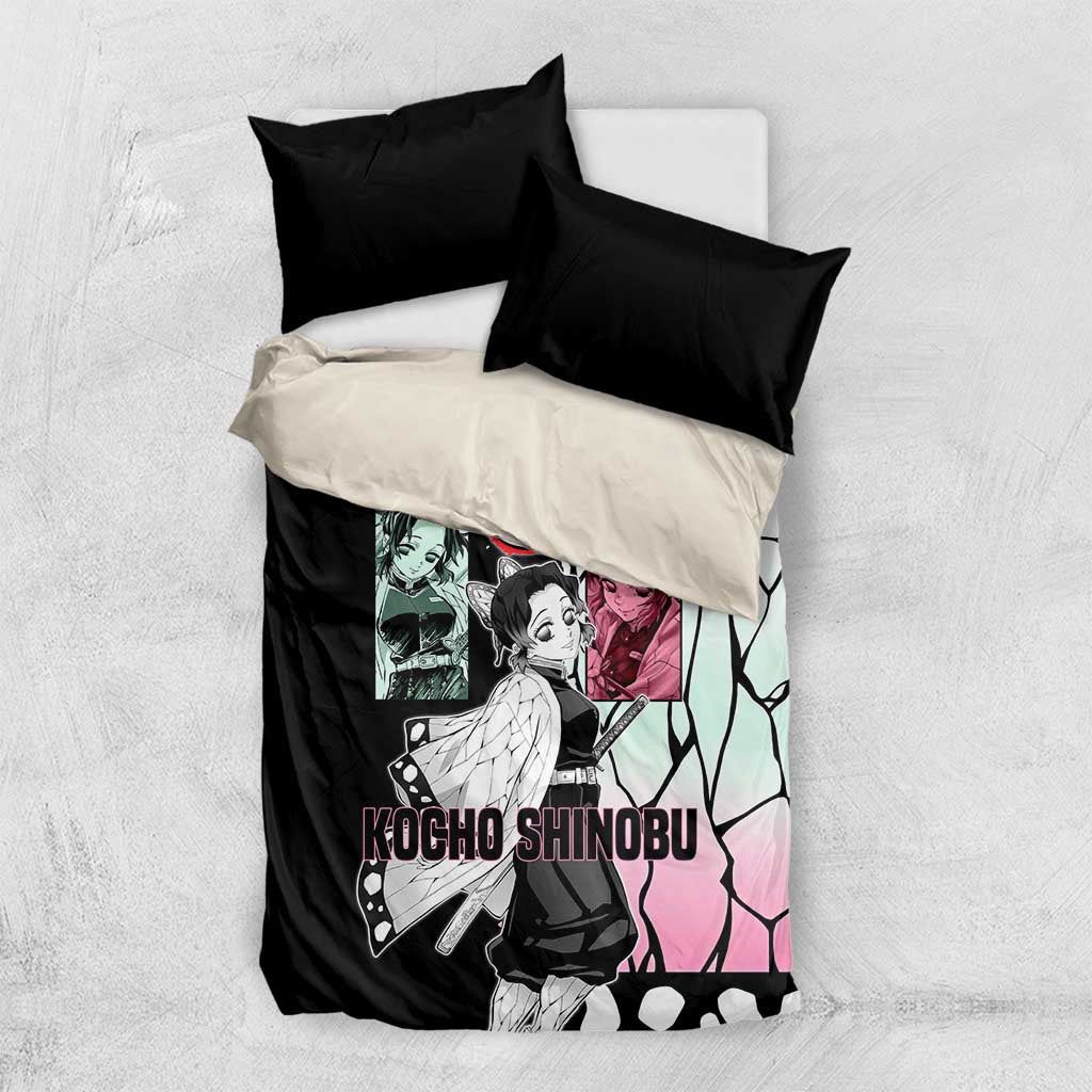 Shinobu Kocho from Demon Slayer Bedding Set with Black and White Wing Pattern and Pastel Manga Panel Design - The Mazicc