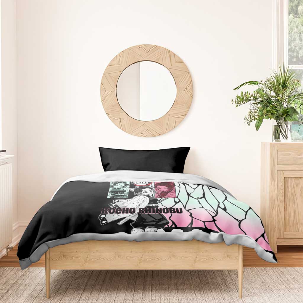 Shinobu Kocho from Demon Slayer Bedding Set with Black and White Wing Pattern and Pastel Manga Panel Design - The Mazicc