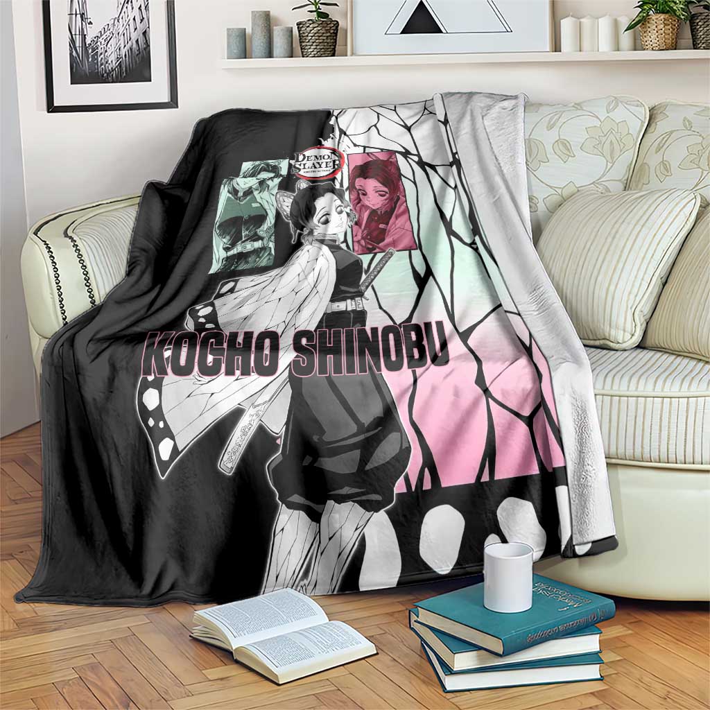 Shinobu Kocho from Demon Slayer Blanket with Black and White Wing Pattern and Pastel Manga Panel Design - The Mazicc