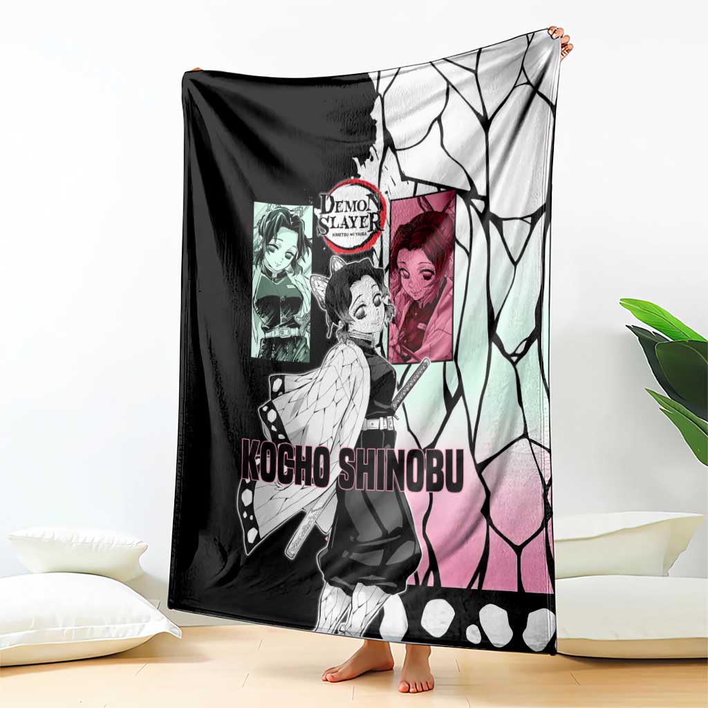 Shinobu Kocho from Demon Slayer Blanket with Black and White Wing Pattern and Pastel Manga Panel Design - The Mazicc