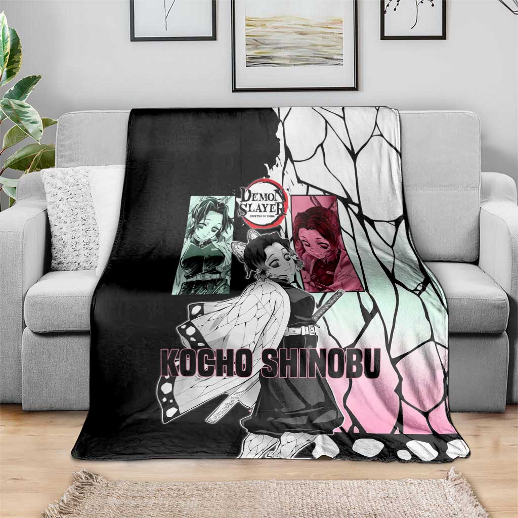 Shinobu Kocho from Demon Slayer Blanket with Black and White Wing Pattern and Pastel Manga Panel Design - The Mazicc