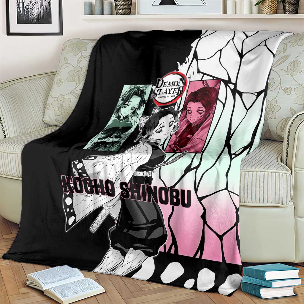 Shinobu Kocho from Demon Slayer Blanket with Black and White Wing Pattern and Pastel Manga Panel Design - The Mazicc