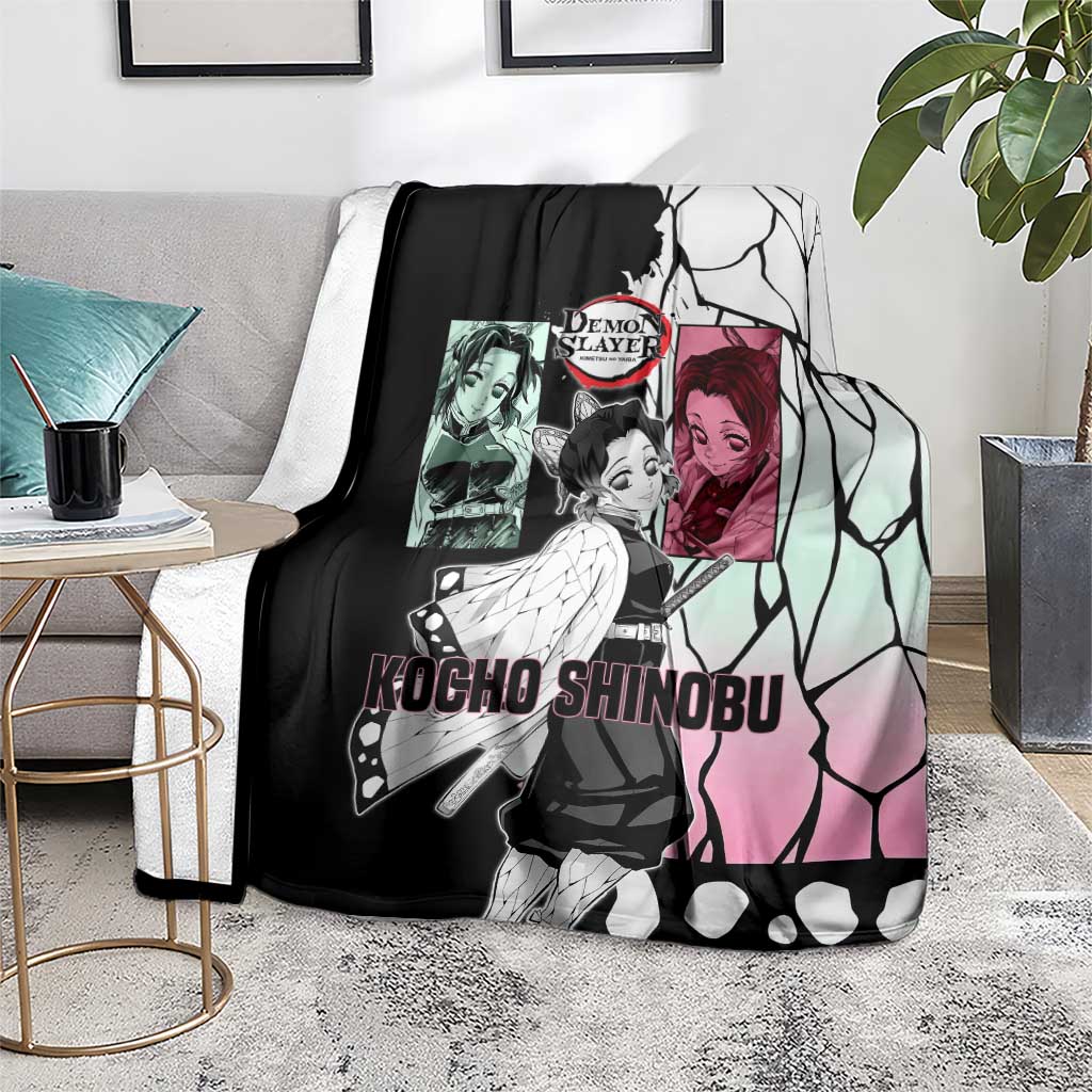 Shinobu Kocho from Demon Slayer Blanket with Black and White Wing Pattern and Pastel Manga Panel Design - The Mazicc