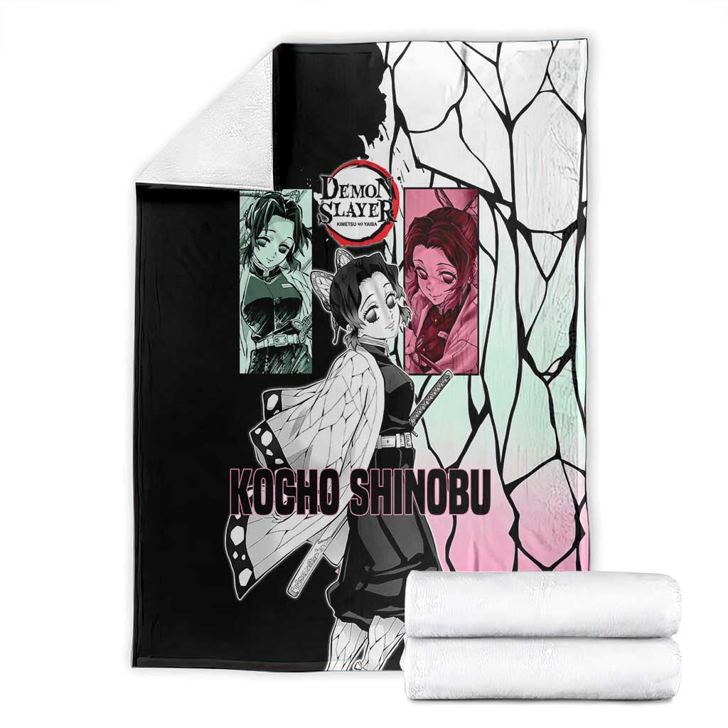 Shinobu Kocho from Demon Slayer Blanket with Black and White Wing Pattern and Pastel Manga Panel Design - The Mazicc