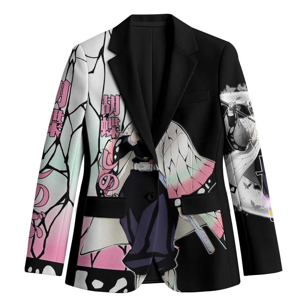 Shinobu Kocho from Demon Slayer Blazer with Black and White Wing Pattern and Pastel Manga Panel Design - The Mazicc