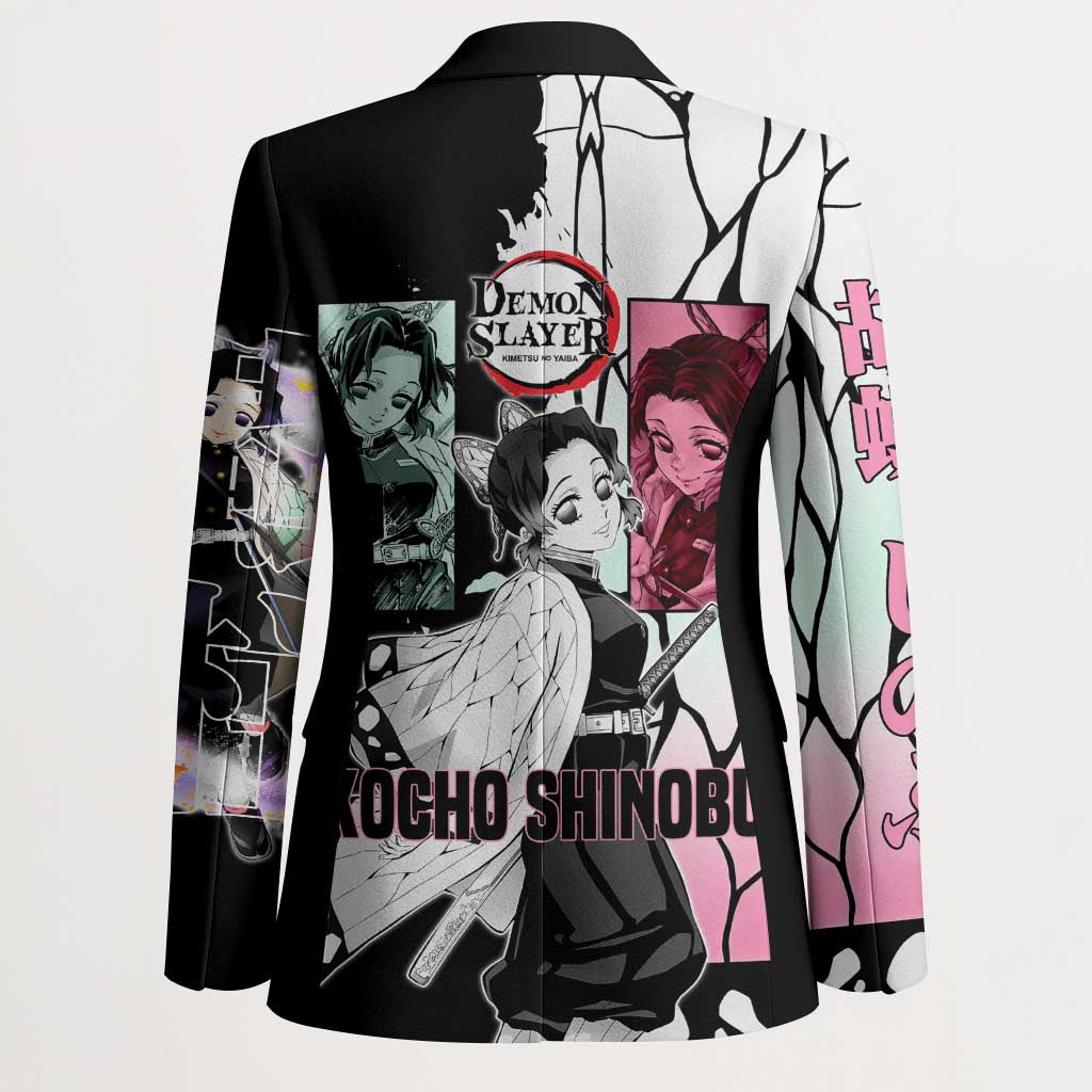 Shinobu Kocho from Demon Slayer Blazer with Black and White Wing Pattern and Pastel Manga Panel Design - The Mazicc