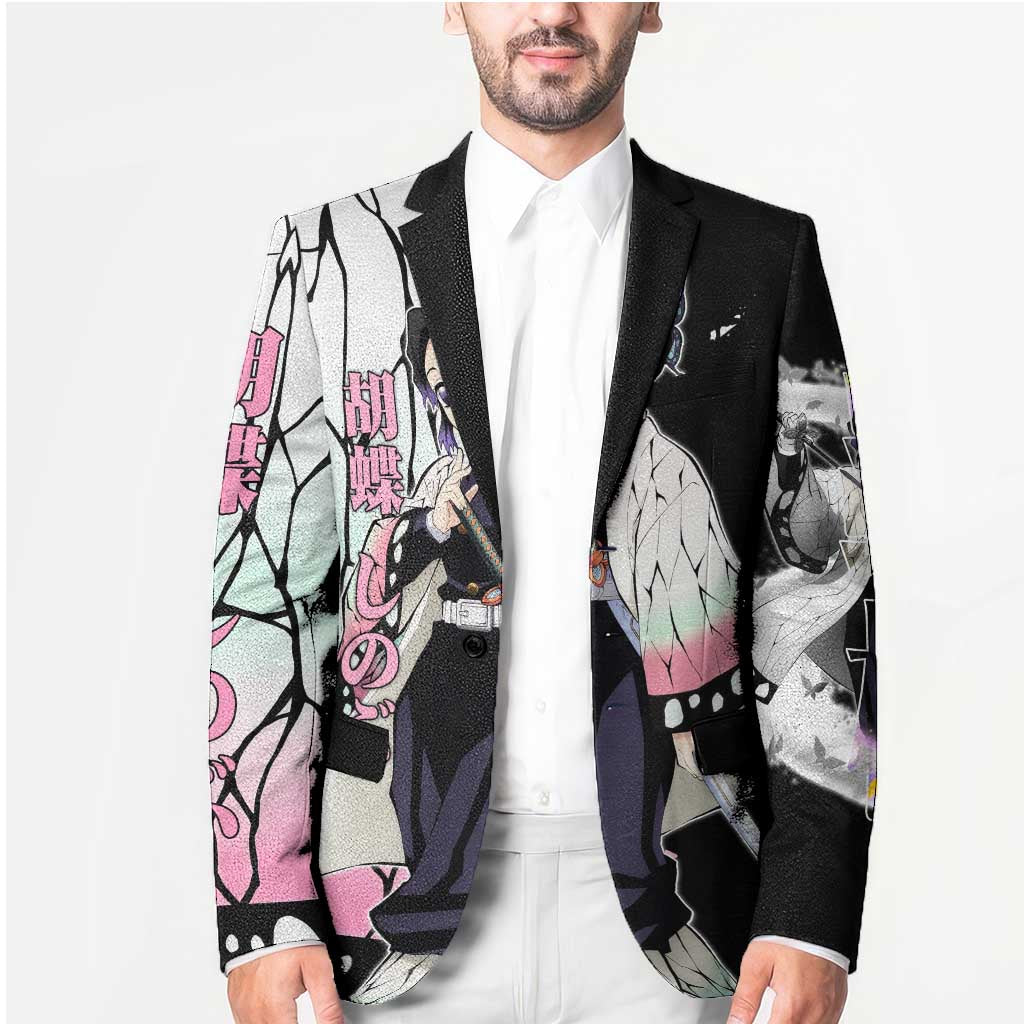 Shinobu Kocho from Demon Slayer Blazer with Black and White Wing Pattern and Pastel Manga Panel Design - The Mazicc