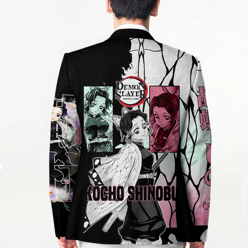Shinobu Kocho from Demon Slayer Blazer with Black and White Wing Pattern and Pastel Manga Panel Design - The Mazicc