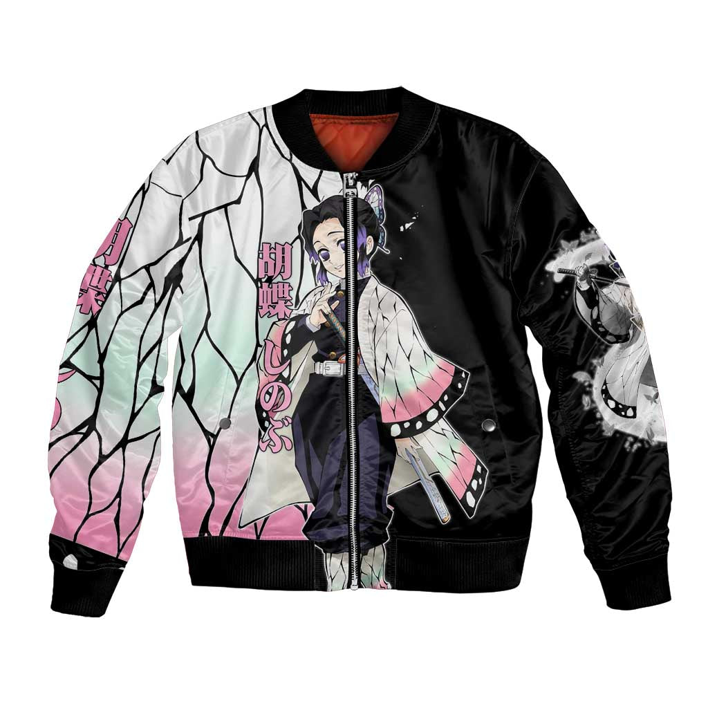 Shinobu Kocho from Demon Slayer Bomber Jacket with Black and White Wing Pattern and Pastel Manga Panel Design - The Mazicc